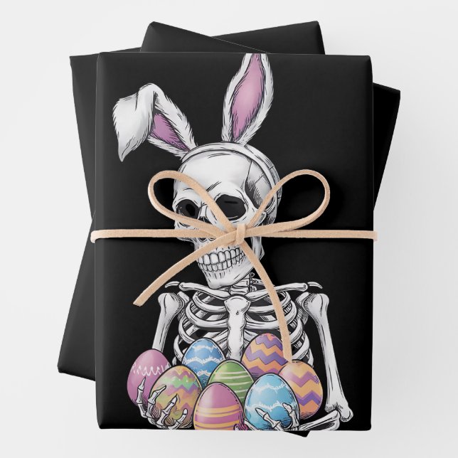 Skeleton Bunny Holding Easter Eggs Funny Rabbit Wrapping Paper Sheets (In situ)