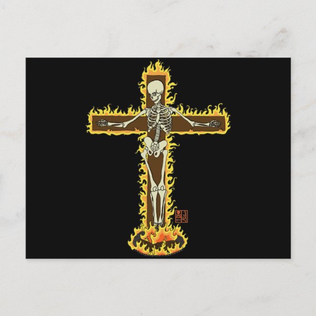 Skeleton Burning on Cross Goth Halloween Tattoo Postcard (Front)