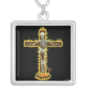 Skeleton Burning on Cross Goth Halloween Tattoo Silver Plated Necklace