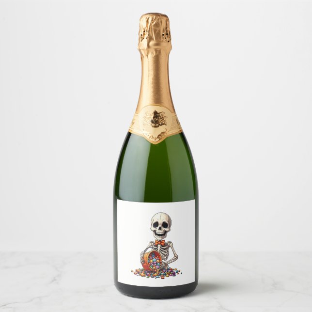 Skeleton Candy Bowl Halloween Sparkling Wine Label (Front)