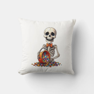 Skeleton Candy Bowl Halloween Throw Pillow