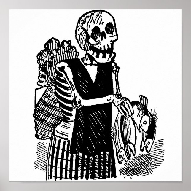 "Skeleton carrying Fish" circa early 1900's Mexico Poster (Front)
