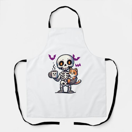 Skeleton Cat and coffee spooky dad and mom for hal Apron