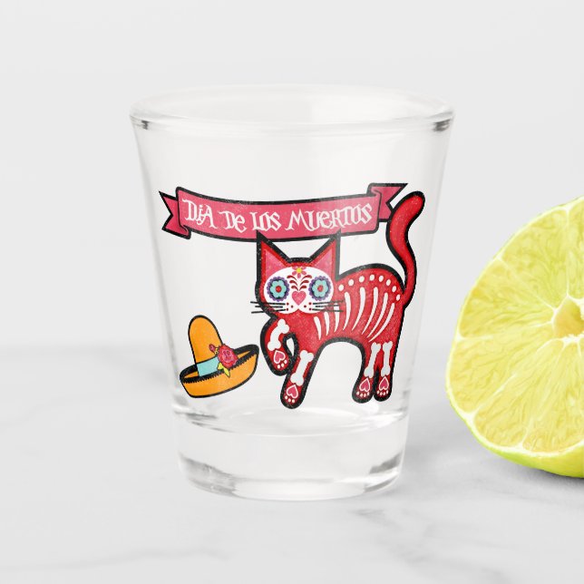 Skeleton Cat Day of the Dead Shot Glass (Front)