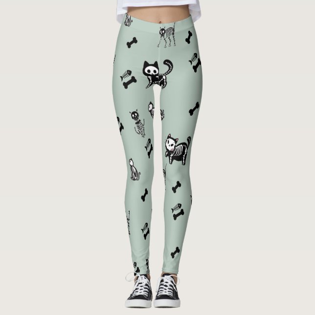 Skeleton Cat Fish Skeleton Bone Leggings (Front)