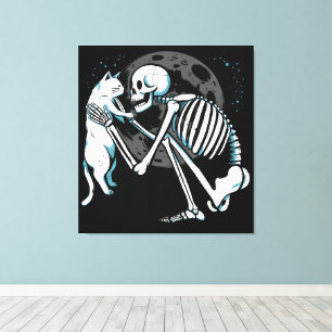 Skeleton Cat Friend Moon Night Art Canvas Print