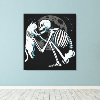 Skeleton Cat Friend Moon Night Art Canvas Print
