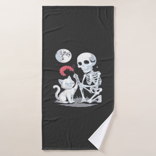 Skeleton Cat Halloween Funny Cute Spooky Essential Bath Towel (Bath Towel)