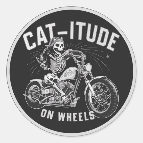Skeleton Cat Riding A Motorcycle _ Cat_itude Classic Round Sticker