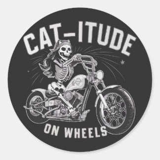 Skeleton Cat Riding A Motorcycle - Cat-itude Classic Round Sticker