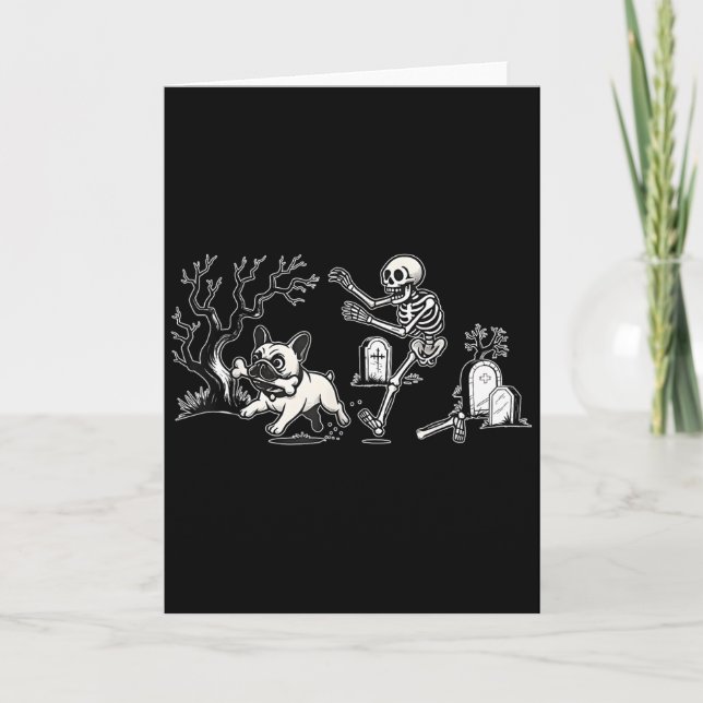 Skeleton Chasing French Bulldog Halloween Dog Mom  Card (Front)