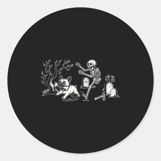 Skeleton Chasing French Bulldog Halloween Dog Mom  Classic Round Sticker (Front)