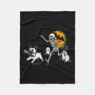 Skeleton Chasing French Bulldog Halloween Dog Mom Fleece Blanket