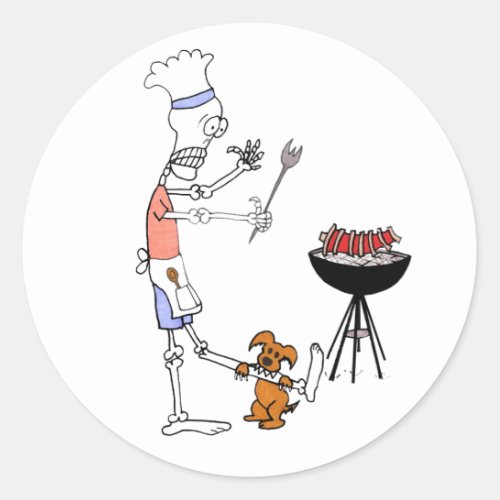 Skeleton Chef Grilling BBQ and Dog Gnawing on Bone Classic Round Sticker