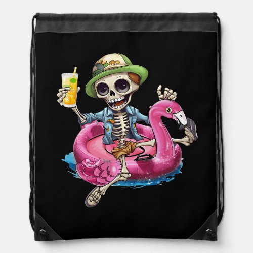 Skeleton Chilling On Flamingo Lifebuoy Halloween S Drawstring Bag