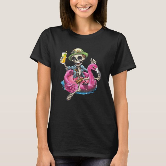 Skeleton Chilling On Flamingo Lifebuoy Halloween S T-Shirt (Front)