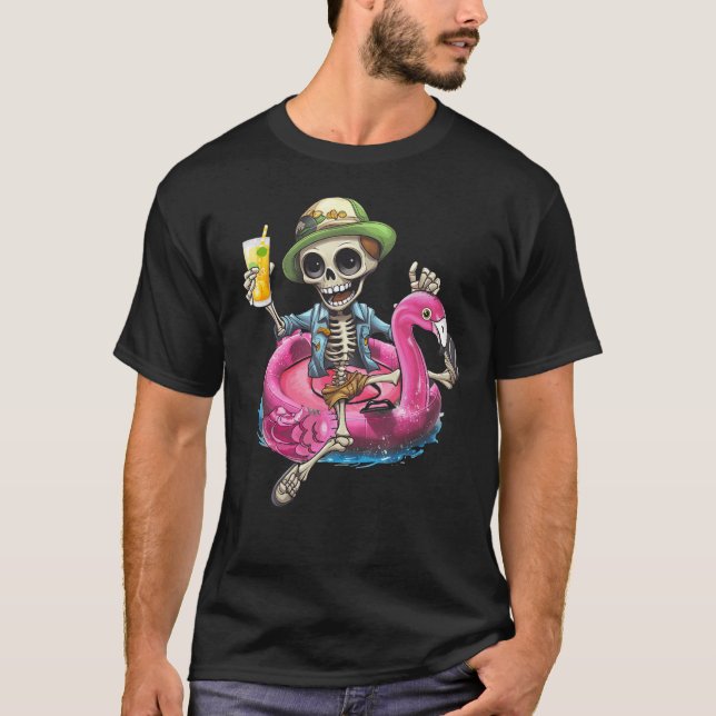 Skeleton Chilling On Flamingo Lifebuoy Halloween S T-Shirt (Front)
