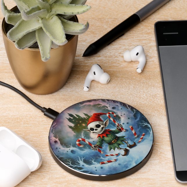 Skeleton Christmas Elf – Creepy Cute Dark Holiday  Wireless Charger (Desk 2)