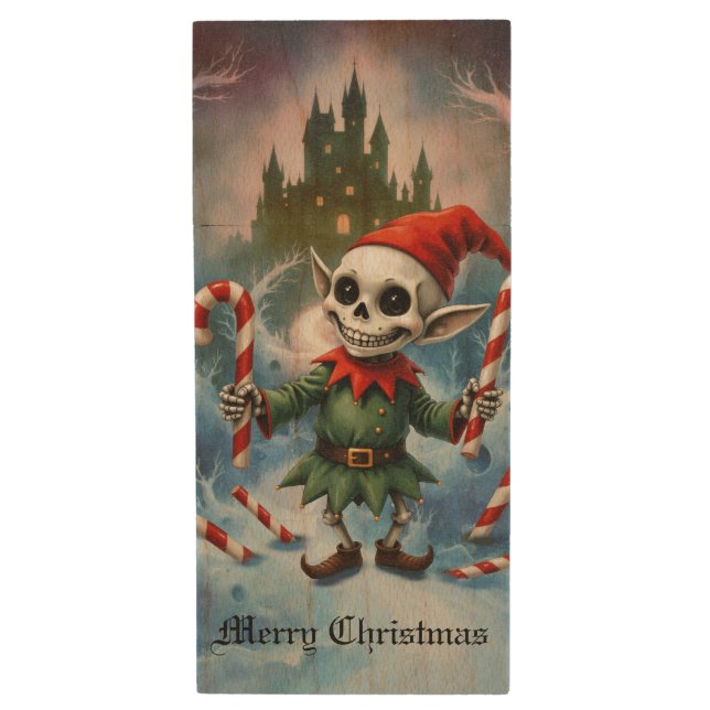 Skeleton Christmas Elf – Creepy Cute Dark Holiday  Wood Flash Drive (Front Vertical)