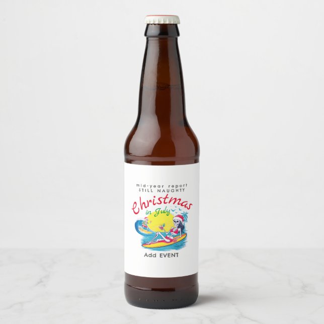 Skeleton Christmas in July Beach Surf Naughty Beer Bottle Label (Front)
