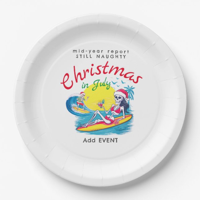 Skeleton Christmas in July Beach Surf Naughty Paper Plates (Front)