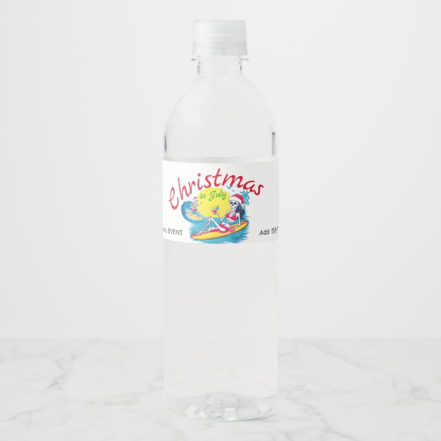 Skeleton Christmas in July Beach Surf Naughty Water Bottle Label (Front)