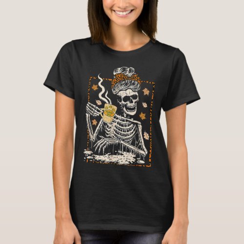 Skeleton Coffee Messy Bun Halloween Thanksgiving A T_Shirt