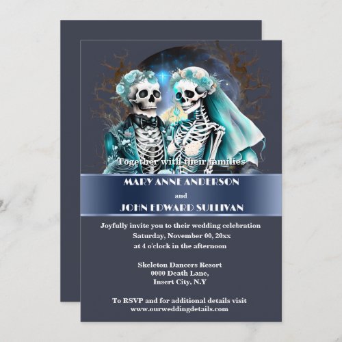 Skeleton couple aqua dusky blue gothic wedding invitation