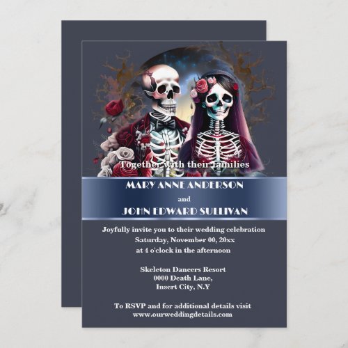 Skeleton couple burgundy dusky blue gothic wedding invitation