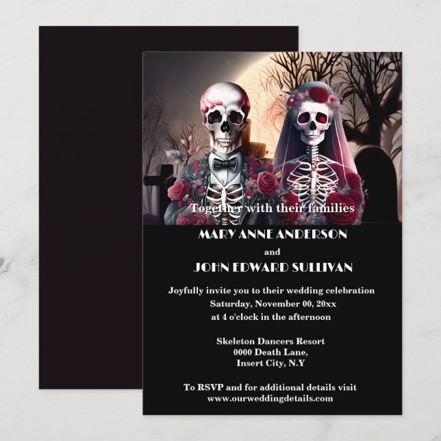 Skeleton couple burgundy plum black gothic invitation (Front/Back)