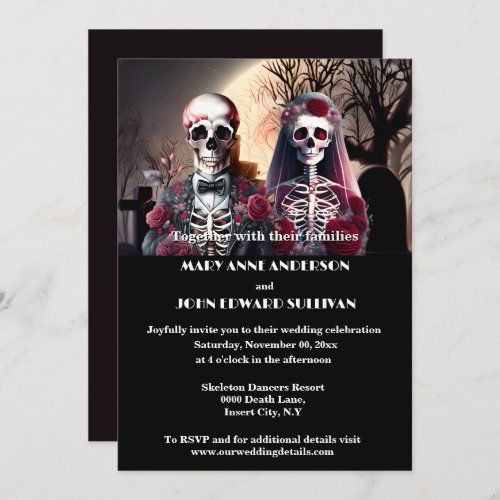 Skeleton couple burgundy plum black gothic invitation