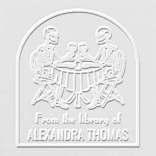 Skeleton Couple Drinking Wine Library Book Name Embosser