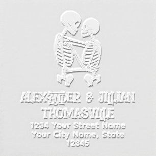 Skeleton Couple Embracing 2 Line Name Ret Address  Embosser
