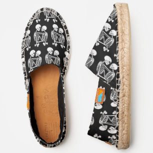 Skeleton Couple Embracing White, Black Canvas Espadrilles