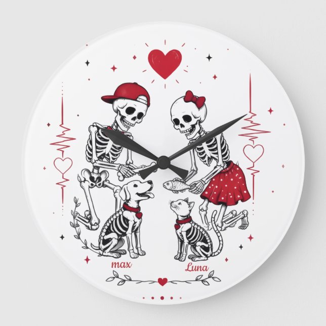 Skeleton Couple Feeding Dog & Cat Large Clock (Front)