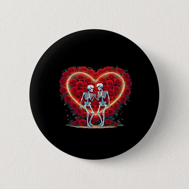 Skeleton Couple Holding Hands Inside A Heart Of Ro Button (Front)