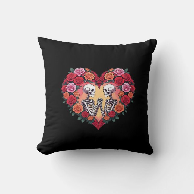 Skeleton Couple Holding Hands Inside A Heart Of Ro Throw Pillow (Front)