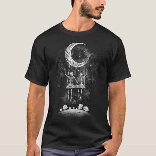 Skeleton Couple Holding Hands Rock On Moon Swing   T_Shirt