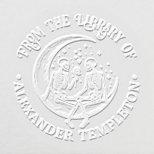 Skeleton Couple in Crescent Moon Library Book Name Embosser