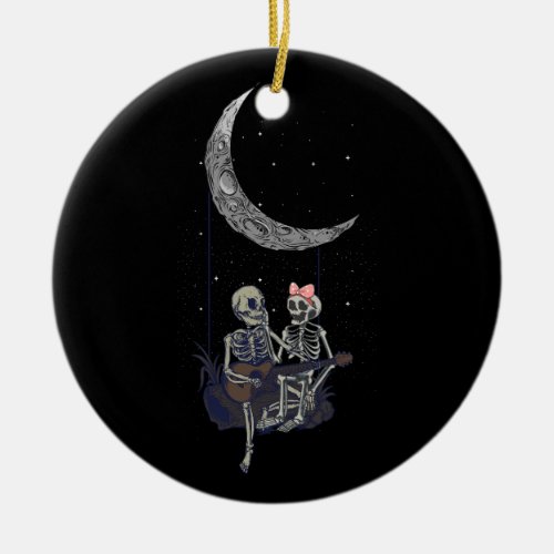 Skeleton Couple Moon Swing Playing Guitar Hallowee Ceramic Ornament