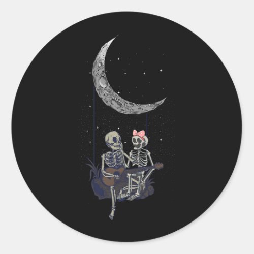 Skeleton Couple Moon Swing Playing Guitar Hallowee Classic Round Sticker