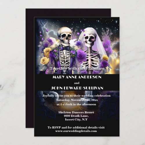 Skeleton couple purple yellow wedding invitation