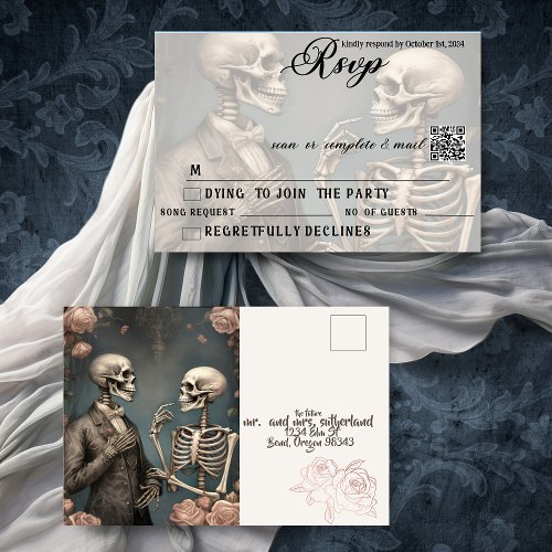 Skeleton Couple Til Death Do Us Part RSVP QR  Invitation Postcard