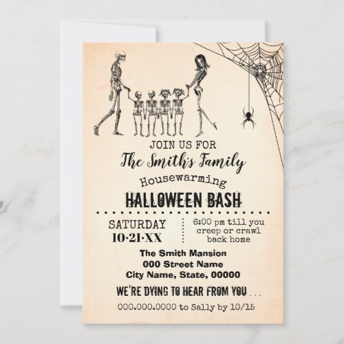 Skeleton Couple w 4 kids Housewarming Halloween Invitation