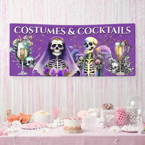 Skeleton couple wedding purple rose string lights banner