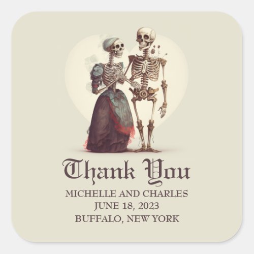 Skeleton Couple Wedding Thank You Square Sticker