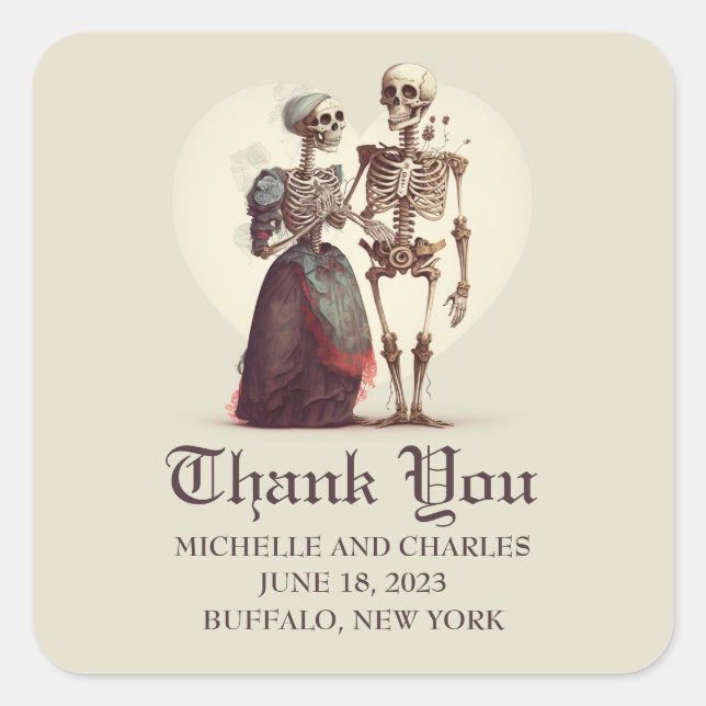 Skeleton Couple Wedding Thank You Square Sticker (Front)