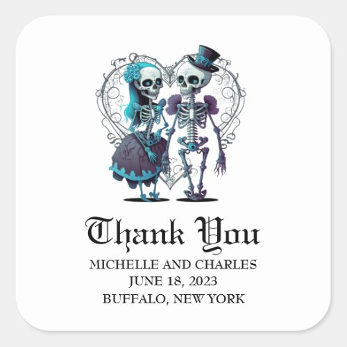 Skeleton Couple Wedding Thank You Square Sticker