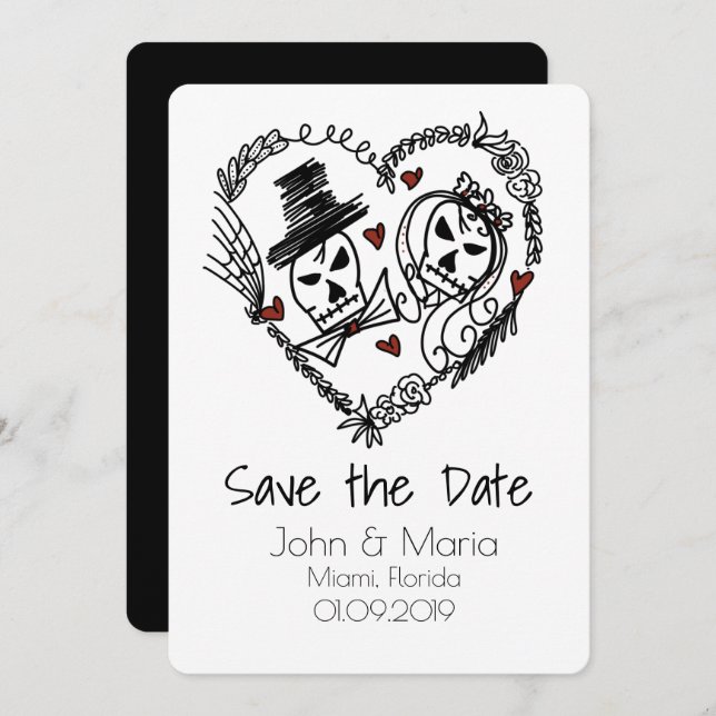 Skeleton Couple Wreath Heart Doodle Save the Date Invitation (Front/Back)
