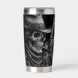 Skeleton Cowboy Smoking Gun Toting Monochromatic Insulated Tumbler